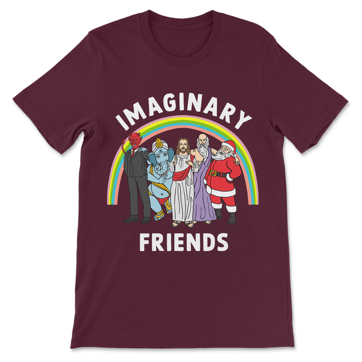 Religious satire shirt featuring the Imaginary Friends group design