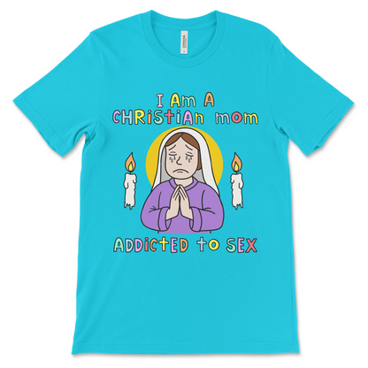 Shirt says “I Am a Christian Mom Addicted to Sex” in funny text for maximum offense. A funny atheist shirt that doubles as a dirty gift for women who love sexual humor and edgy jokes. Great for adult party shirts, inappropriate t-shirt collections, or religious satire fans.
