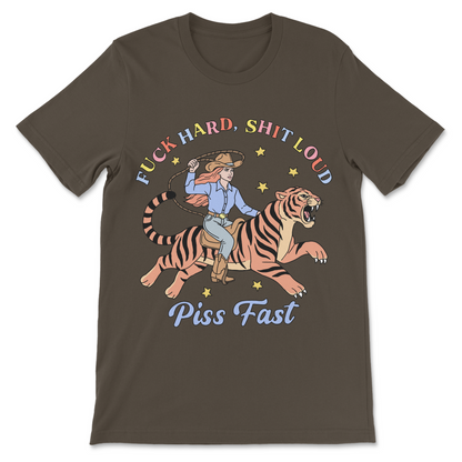Inappropriate cowgirl shirt with colorful western tiger artwork and vulgar slogan