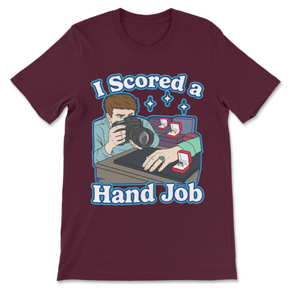 Raunchy adult humor t-shirt featuring a hand graphic and bold text
