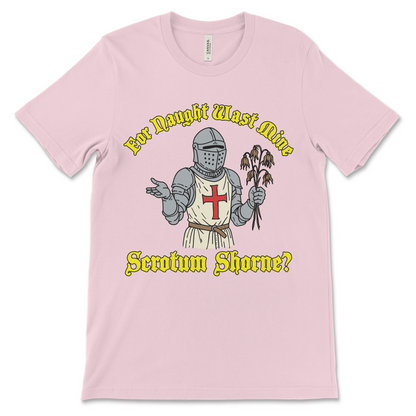 offensive scrotum joke shirt with medieval text design
