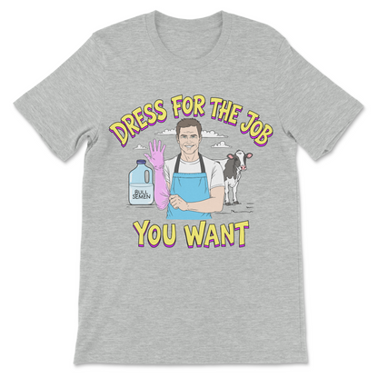 Novelty farming shirt featuring a cow inseminator and motivational parody.
