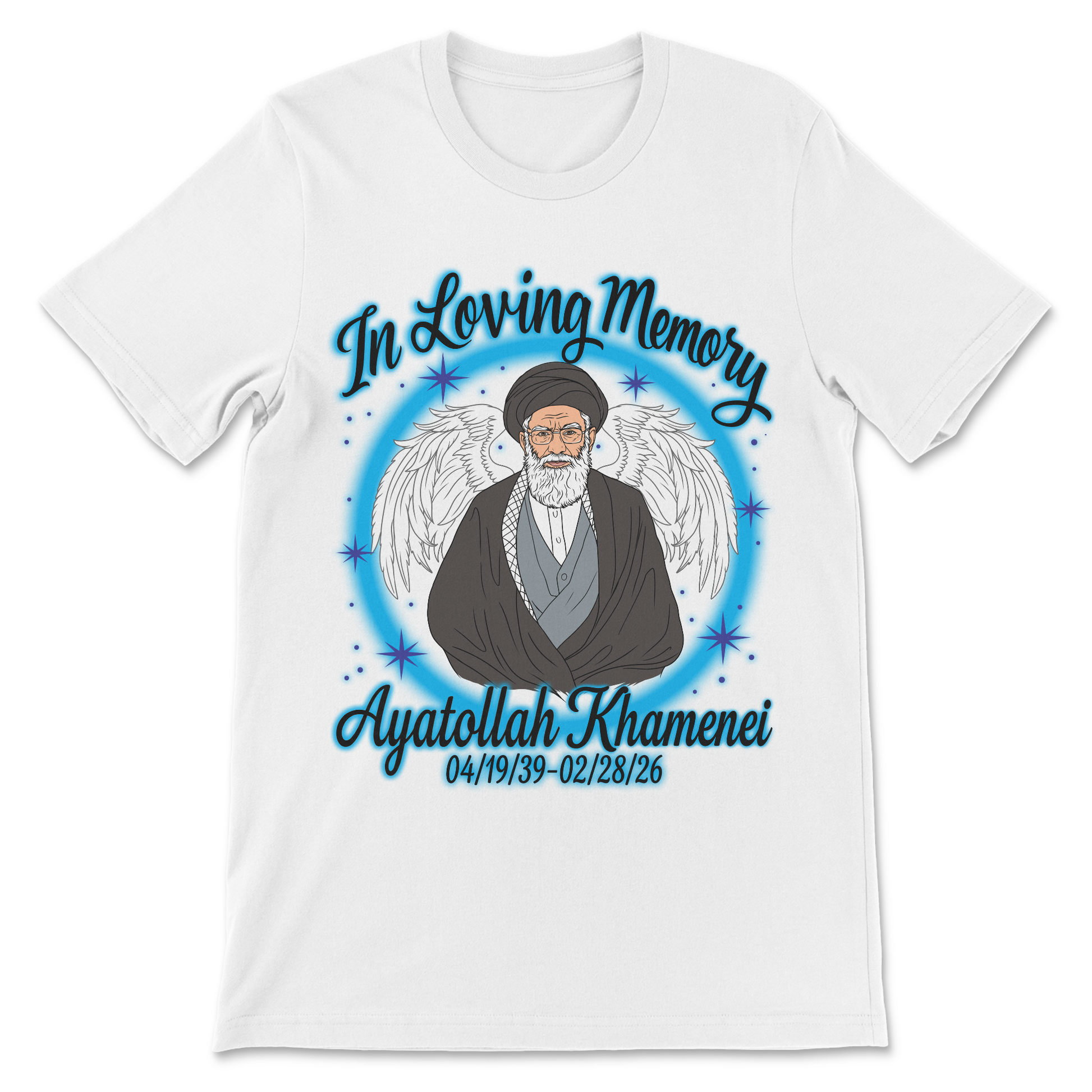 Dark humor political graphic tee with an exaggerated memorial portrait of Ayatollah Khamenei.

