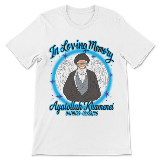 Dark humor political graphic tee with an exaggerated memorial portrait of Ayatollah Khamenei.
