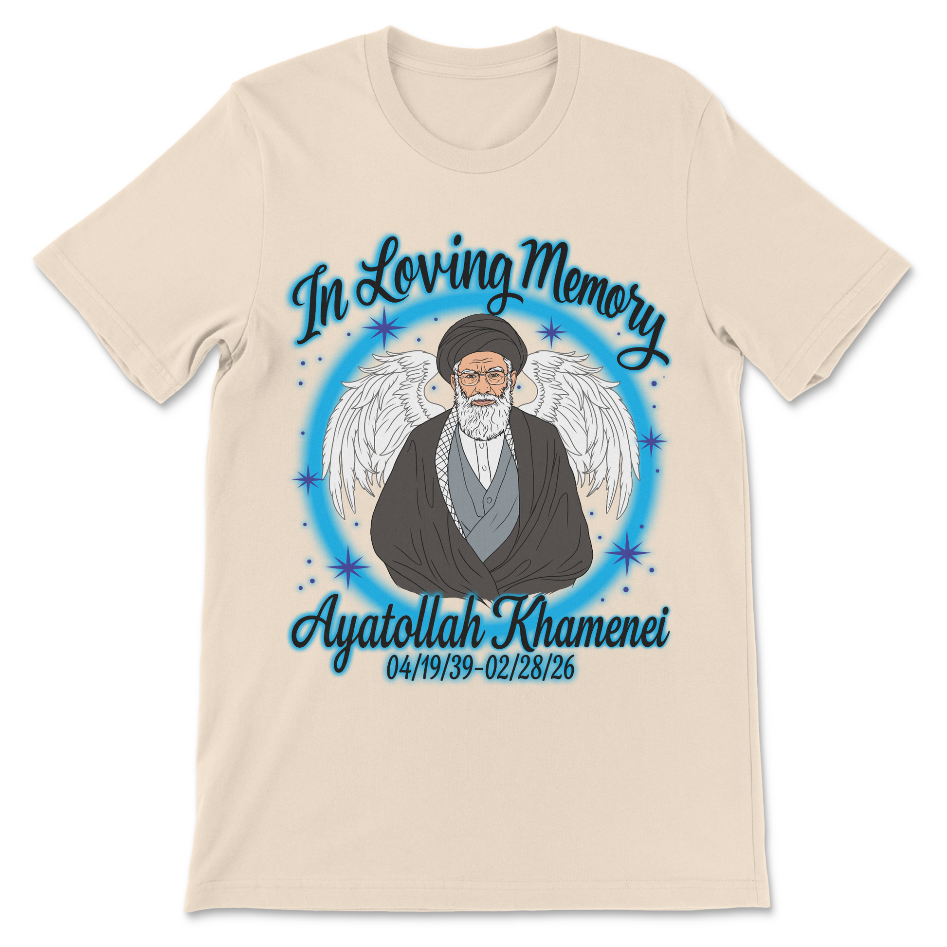 Funny controversial shirt featuring a parody tribute to Ayatollah Khamenei in a vintage memorial design.
