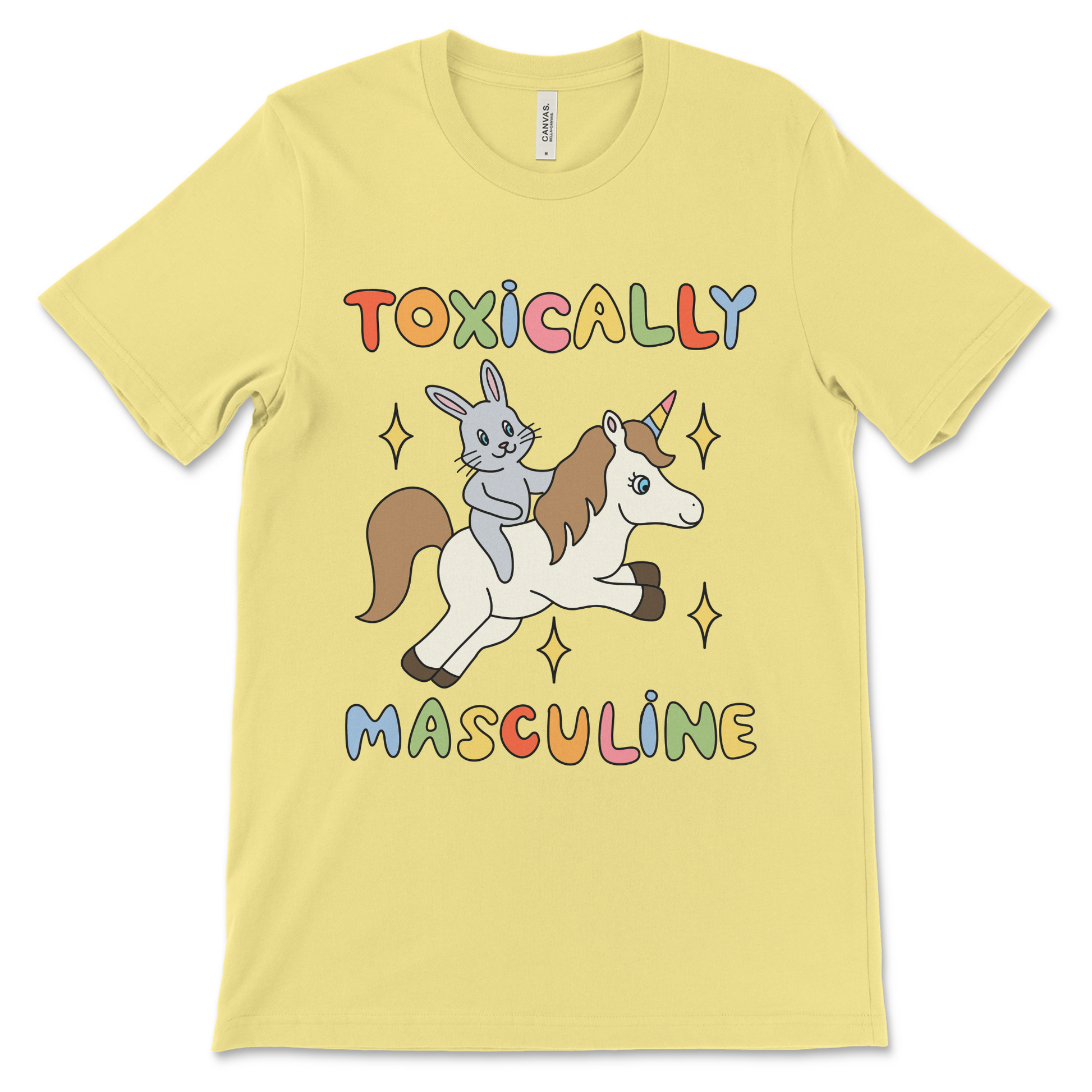 sarcastic anti-alpha male shirt with unicorn-riding bunny illustration
