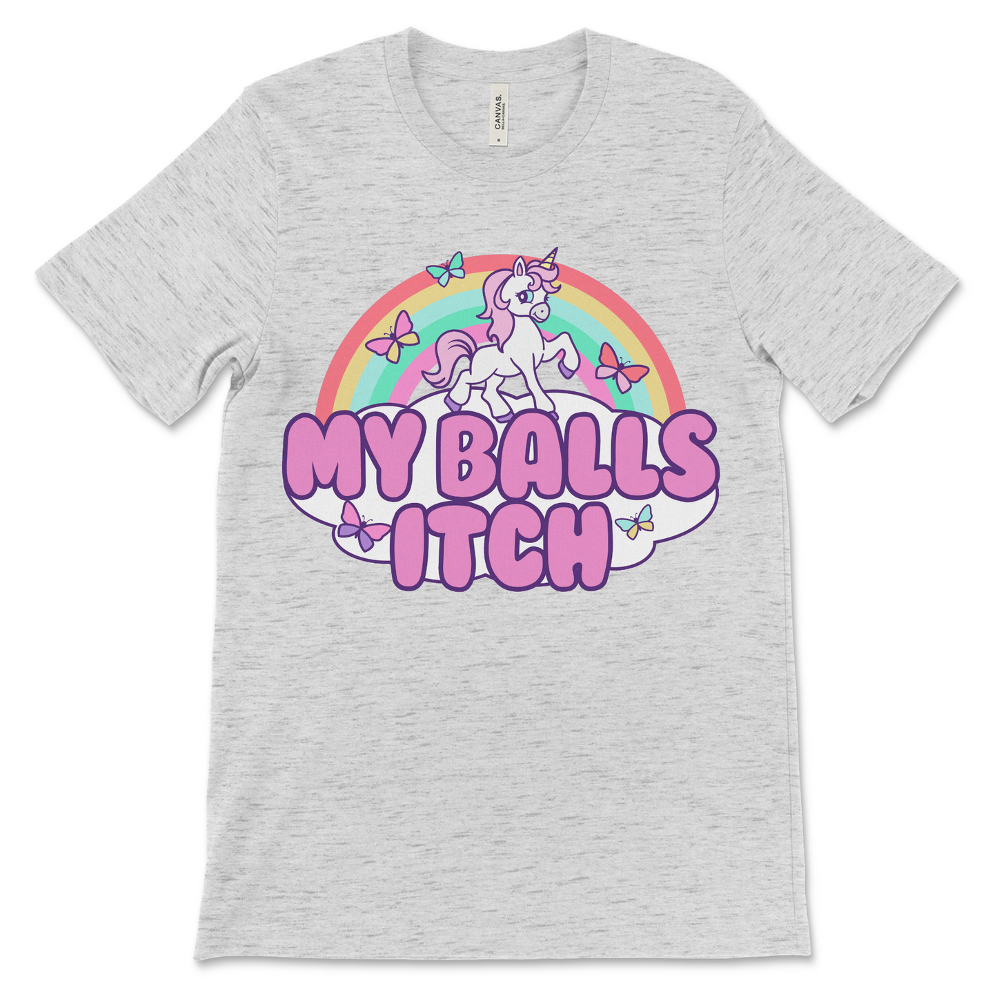 Ridiculous unicorn t-shirt with crude humor that reads “My Balls Itch.” A great gift for fans of weird memes, inappropriate shirts, and unfiltered comedy.