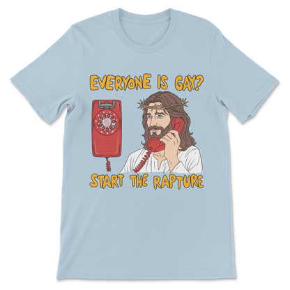 Funny religious satire design featuring Jesus talking on a red rotary phone with the phrase "Everyone Is Gay? Start the Rapture."
