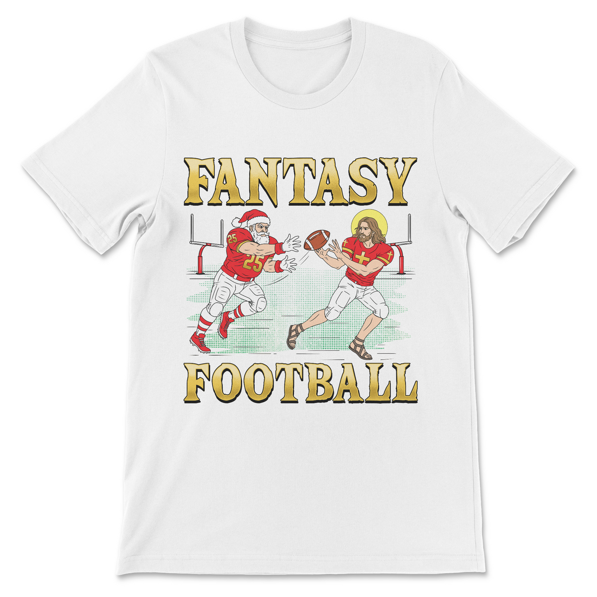 Funny football shirt featuring Jesus and Santa on the field