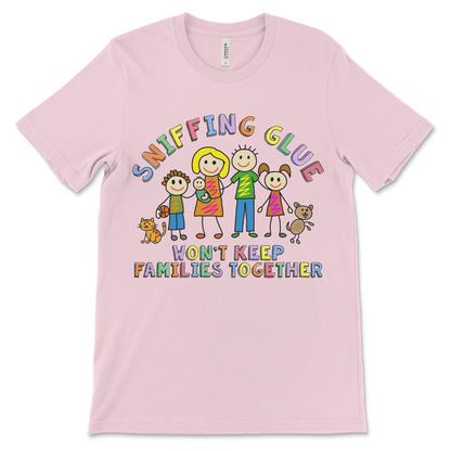 Engrish shirt with dark humor. A weird kidcore meme shirt with a funny quote about sniffing glue.