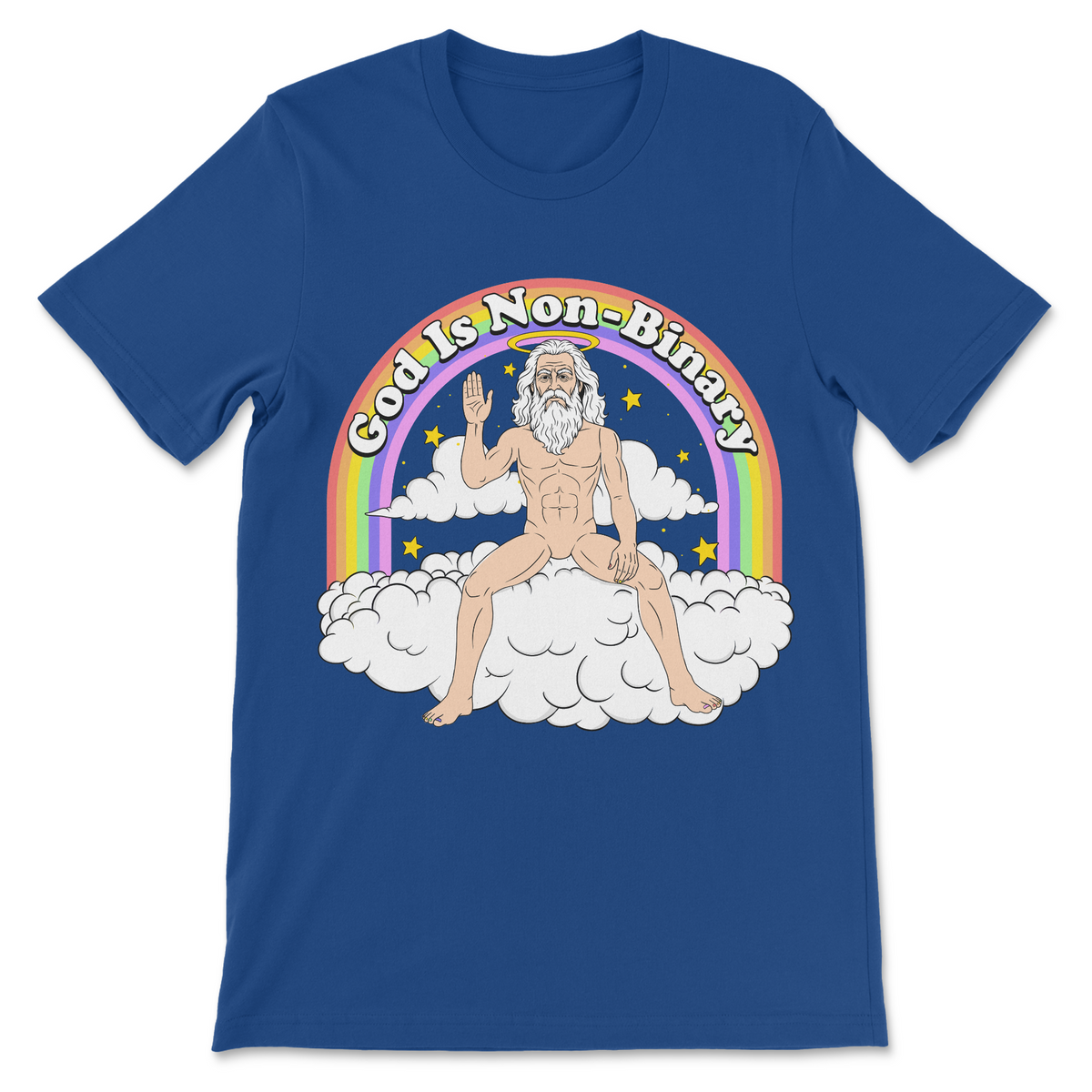 Funny non-binary shirt with God on a cloud, rainbow artwork, LGBTQ humor and irreverent religious satire
