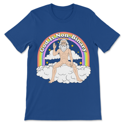 Funny non-binary shirt with God on a cloud, rainbow artwork, LGBTQ humor and irreverent religious satire
