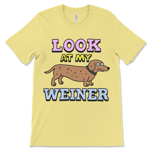 Offensive animal t-shirt with a proud wiener dog design. Great for inappropriate dog-themed gifts and crude humor fans.