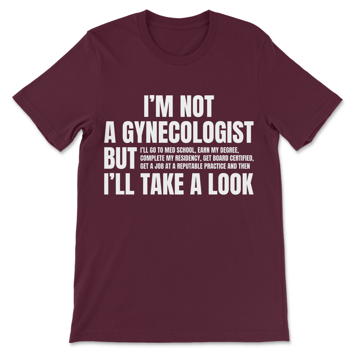 Funny gynecologist meme shirt parody with medical school, residency and board certification joke for fans of inappropriate humor
