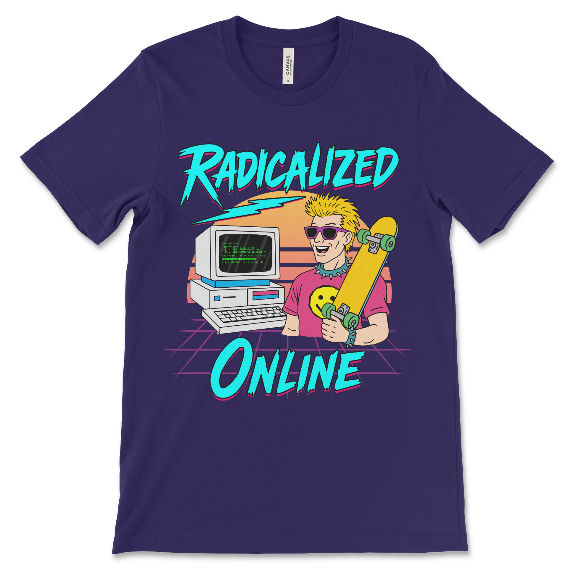 Political satire shirt Radicalized Online, retro 80s parody, deliberately bad shirt.