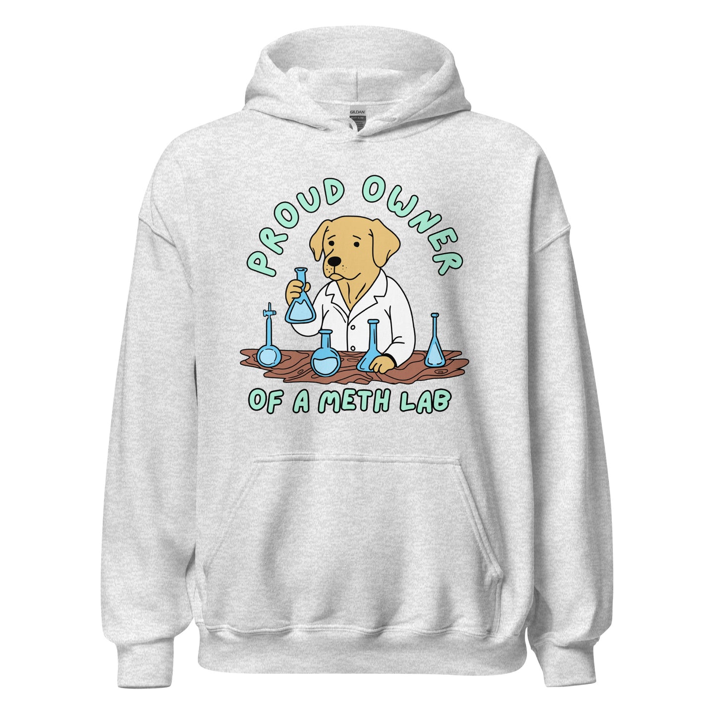 funny meth hoodie featuring Labrador retriever in methamphetamine lab
