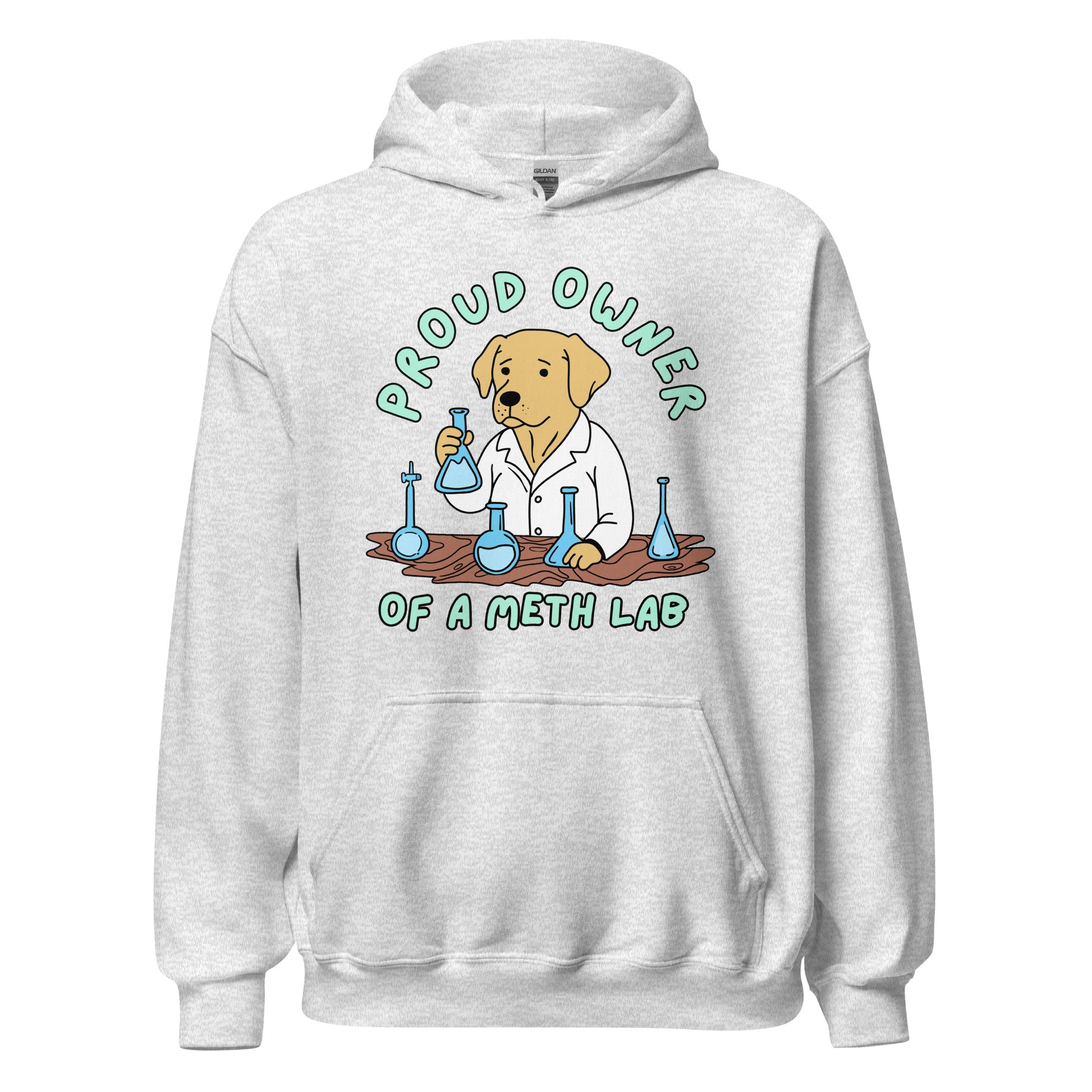 funny meth hoodie featuring Labrador retriever in methamphetamine lab
