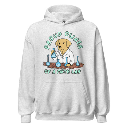 funny meth hoodie featuring Labrador retriever in methamphetamine lab
