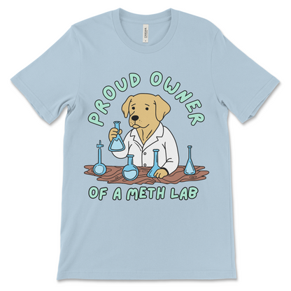 Cursed meme shirt with a dog in a meth lab setting. Made for people who wear funny t-shirts with controversial slogans.
