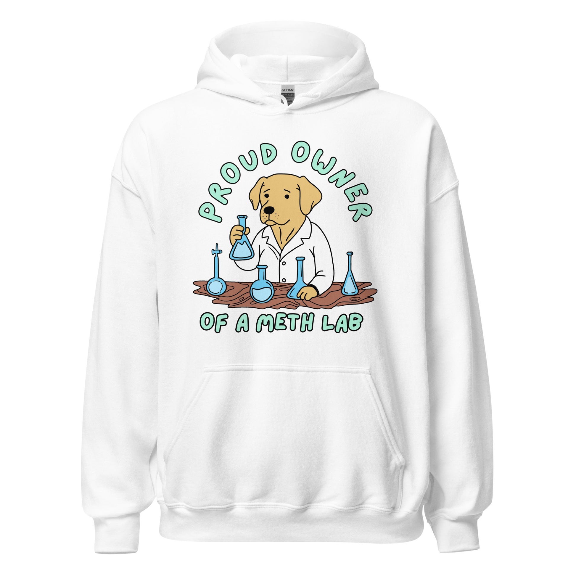 unhinged graphic hoodie with dog cooking meth parody design
