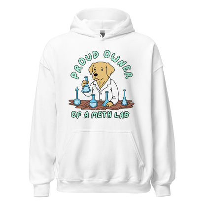 unhinged graphic hoodie with dog cooking meth parody design
