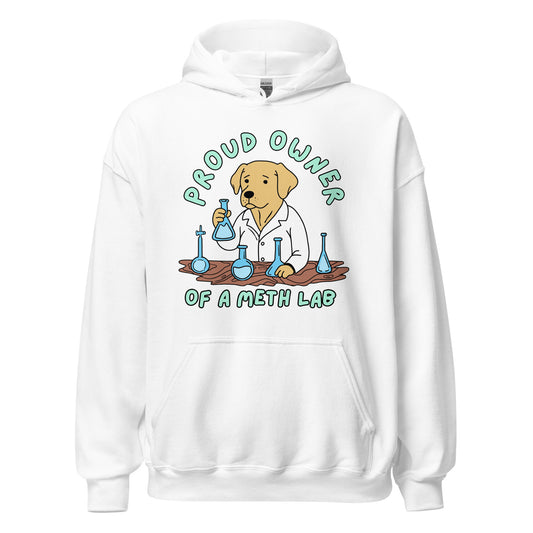 unhinged graphic hoodie with dog cooking meth parody design
