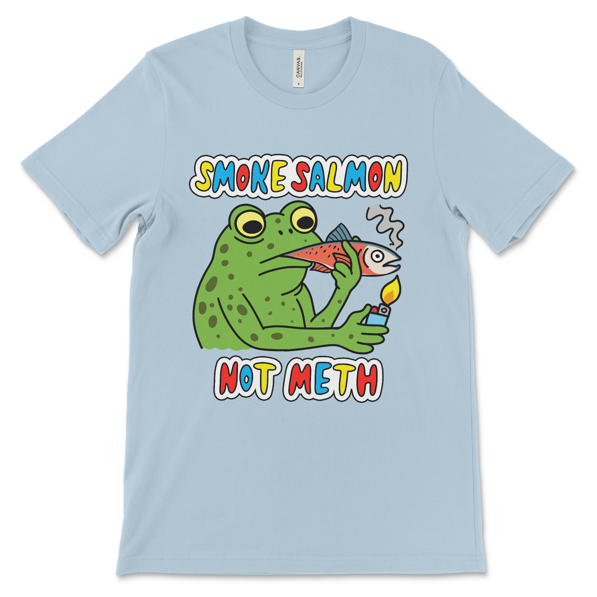 Cursed meme shirt showing a frog using a salmon as a joint. Ideal for fans of ridiculous, eye-catching, and inappropriate graphic tees.
