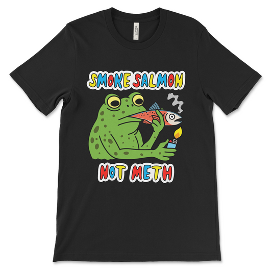 Absurd humor t-shirt featuring a frog lighting the end of a salmon. Made for fans of strange, controversial, and inappropriate meme apparel.
