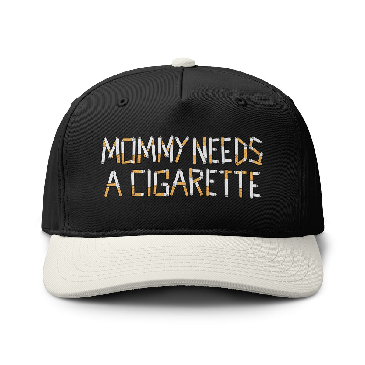 A black baseball cap with a white curved brim, featuring the embroidered text 'MOMMY NEEDS A CIGARETTE' in white and orange on the front. The cap is photographed on a clean white background.