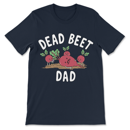 Funny Dead Beet Dad shirt with deadbeat dad joke, cartoon vegetables and morbid dark humor graphic