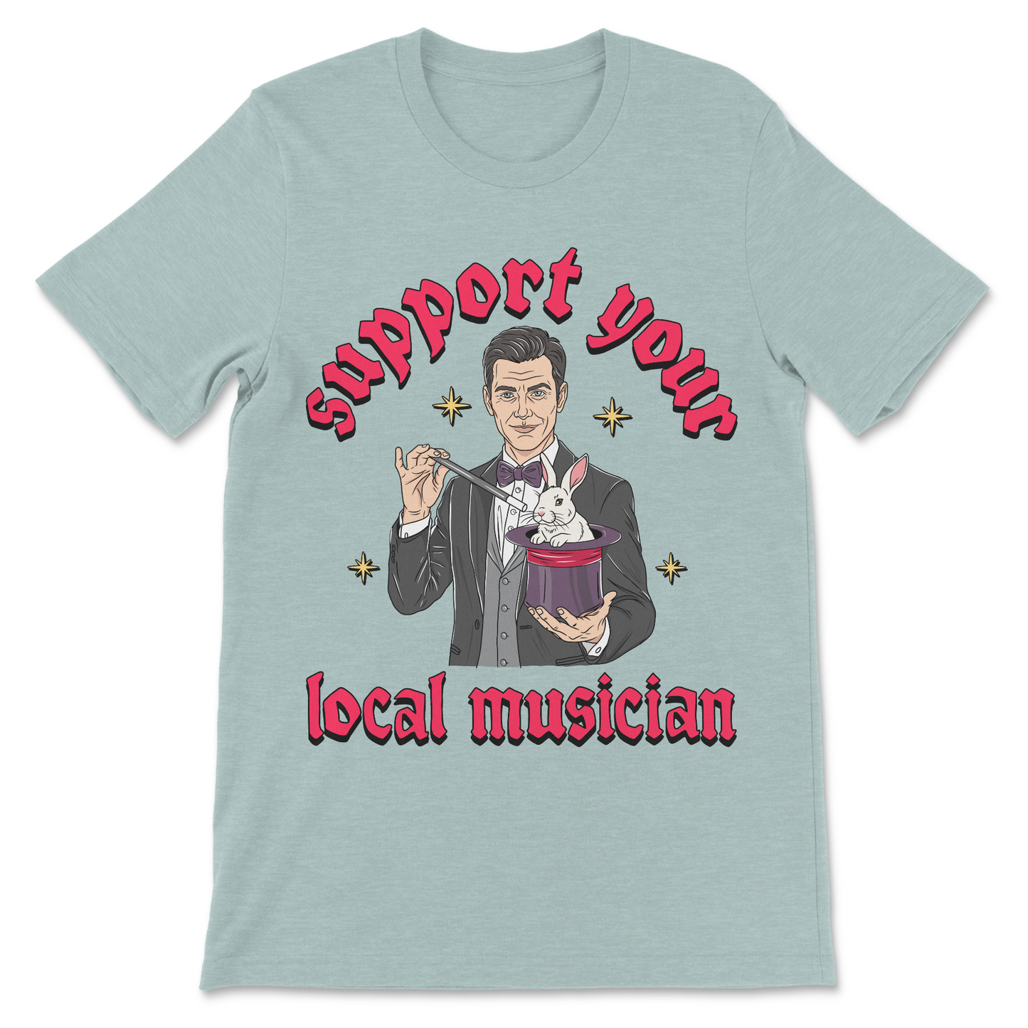 Music humor shirt with a magician illustration and misleading slogan.
