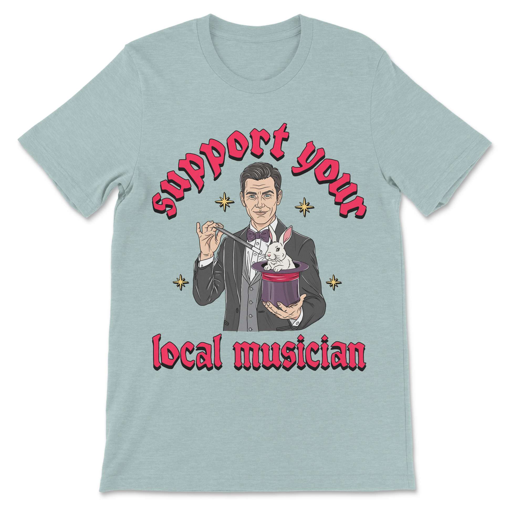 Music humor shirt with a magician illustration and misleading slogan.
