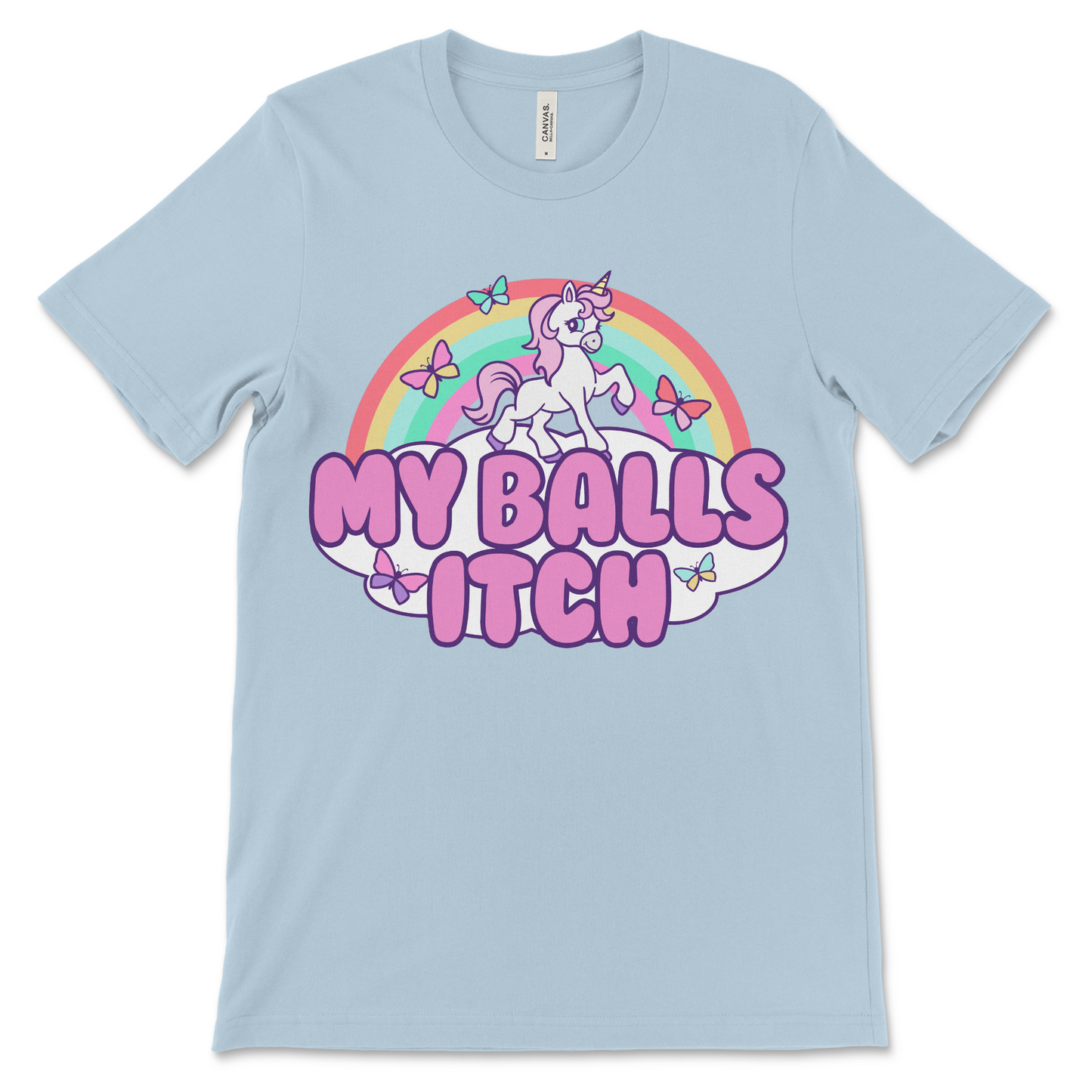 Weird unicorn meme shirt that says “My Balls Itch.” Great for crude gag gifts, rude internet humor, and fans of horrible shirts