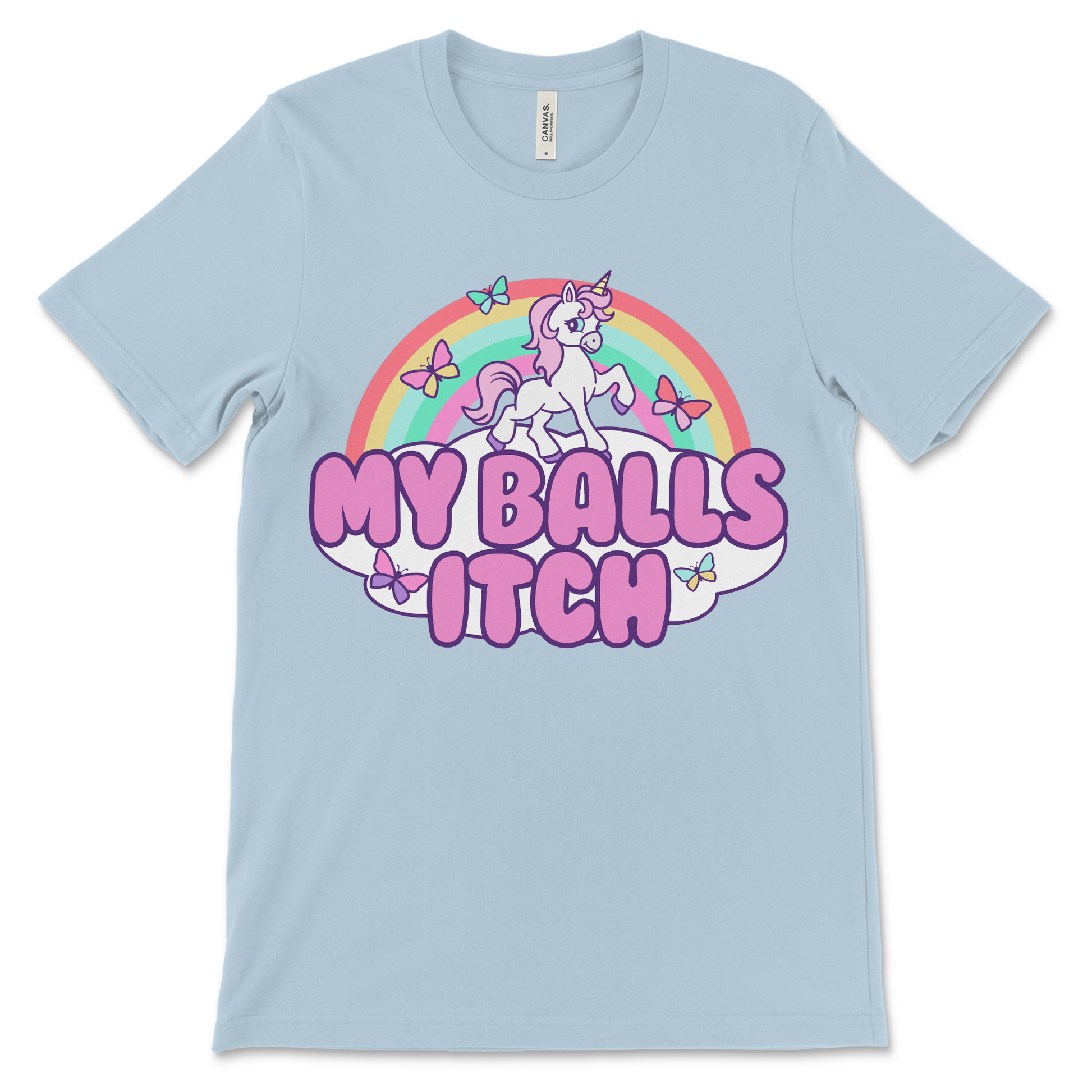 Weird unicorn meme shirt that says “My Balls Itch.” Great for crude gag gifts, rude internet humor, and fans of horrible shirts