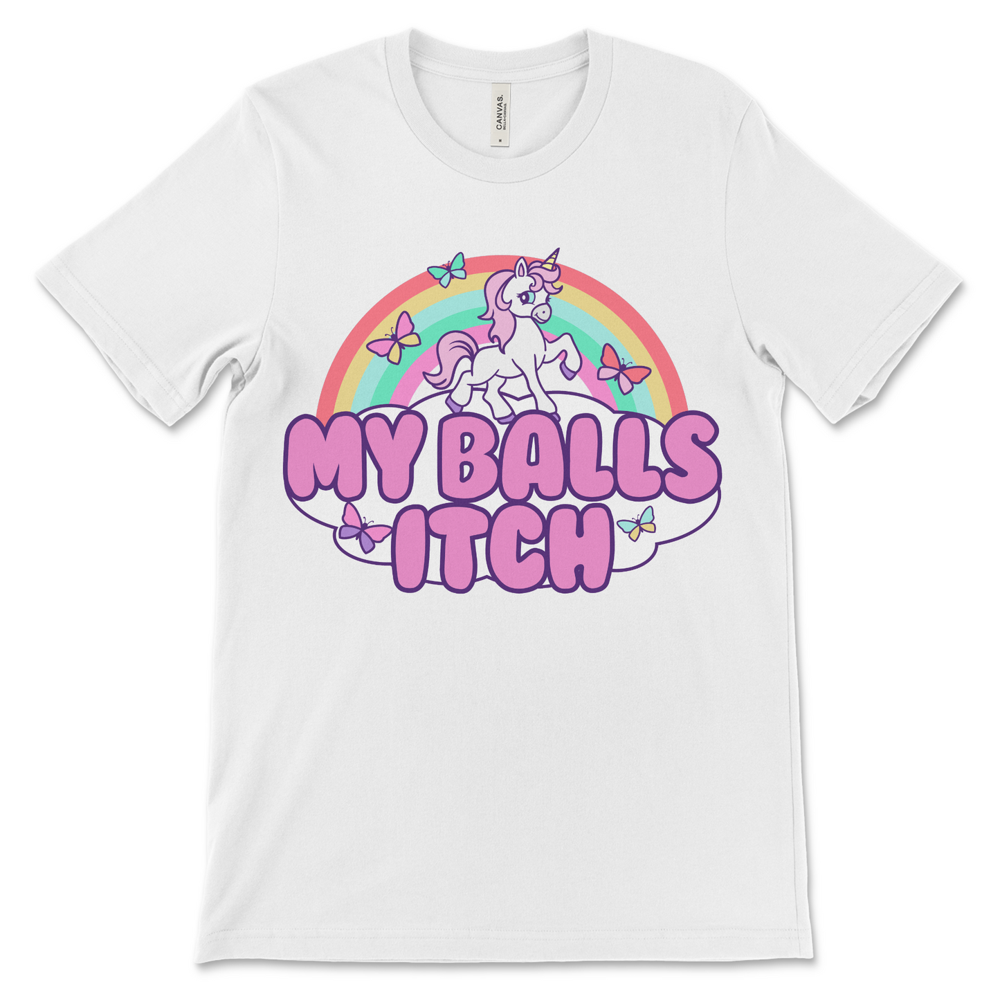 Offensive unicorn t-shirt with a crude humor phrase, “My Balls Itch.” Ideal for lovers of inappropriate meme shirts, absurd novelty gifts, and unhinged graphic tees.