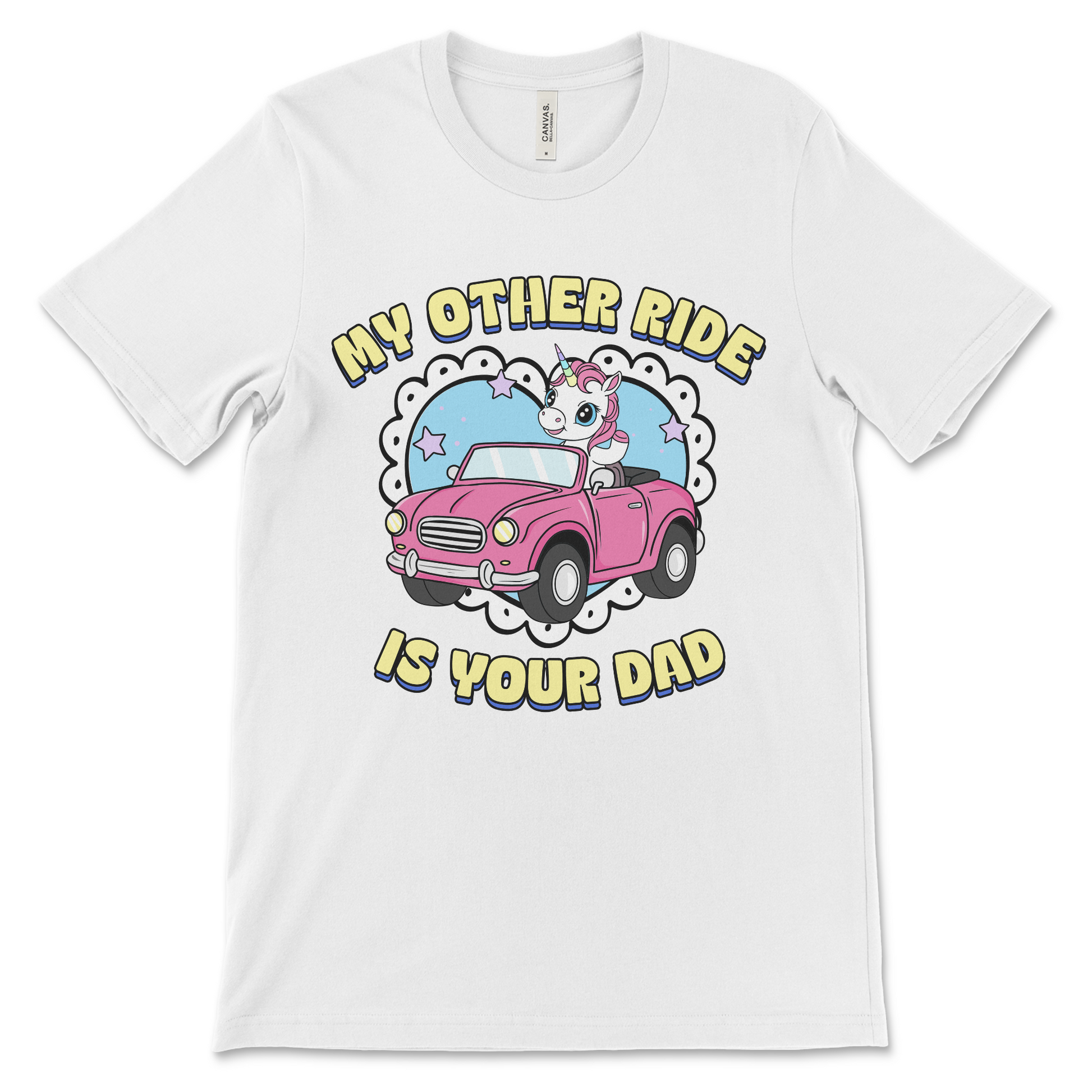 Dirty adult humor tee with unicorn driving car.
