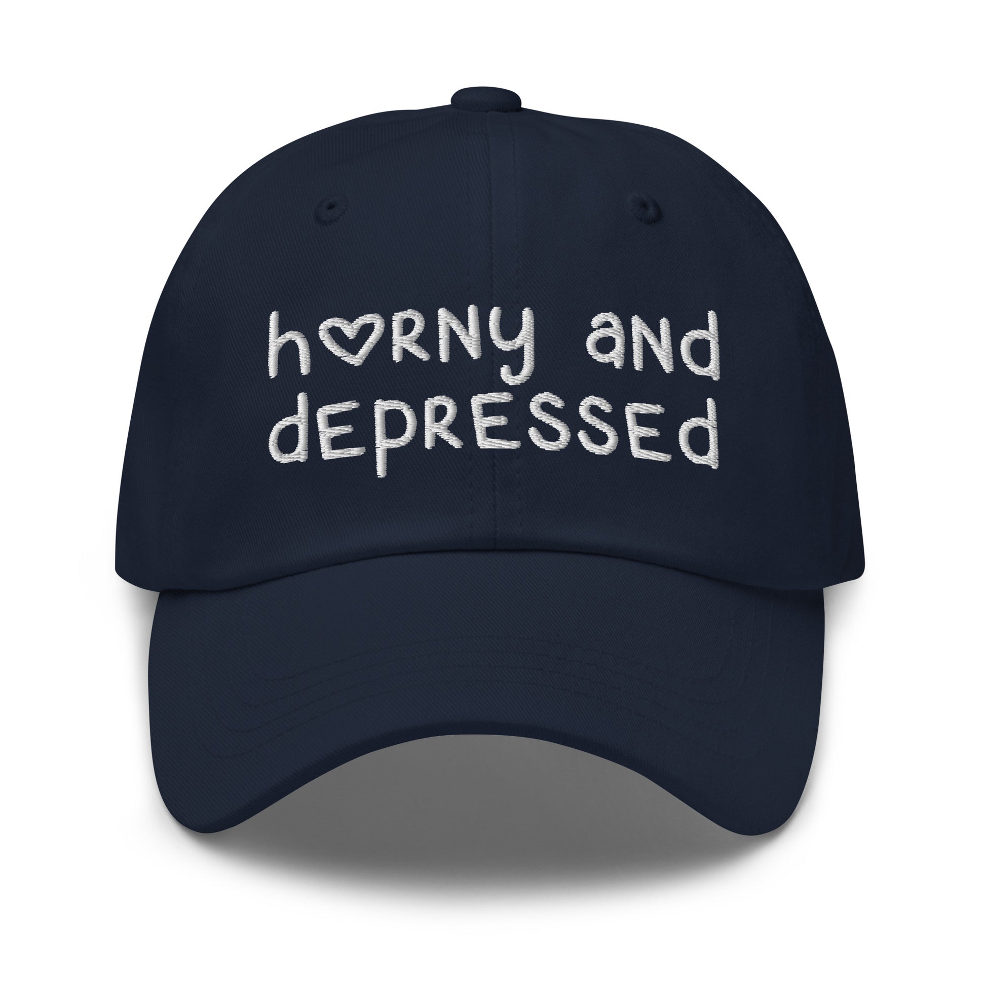 Funny embroidered dad hat with Horny and Depressed text, meme hat with offensive quote.