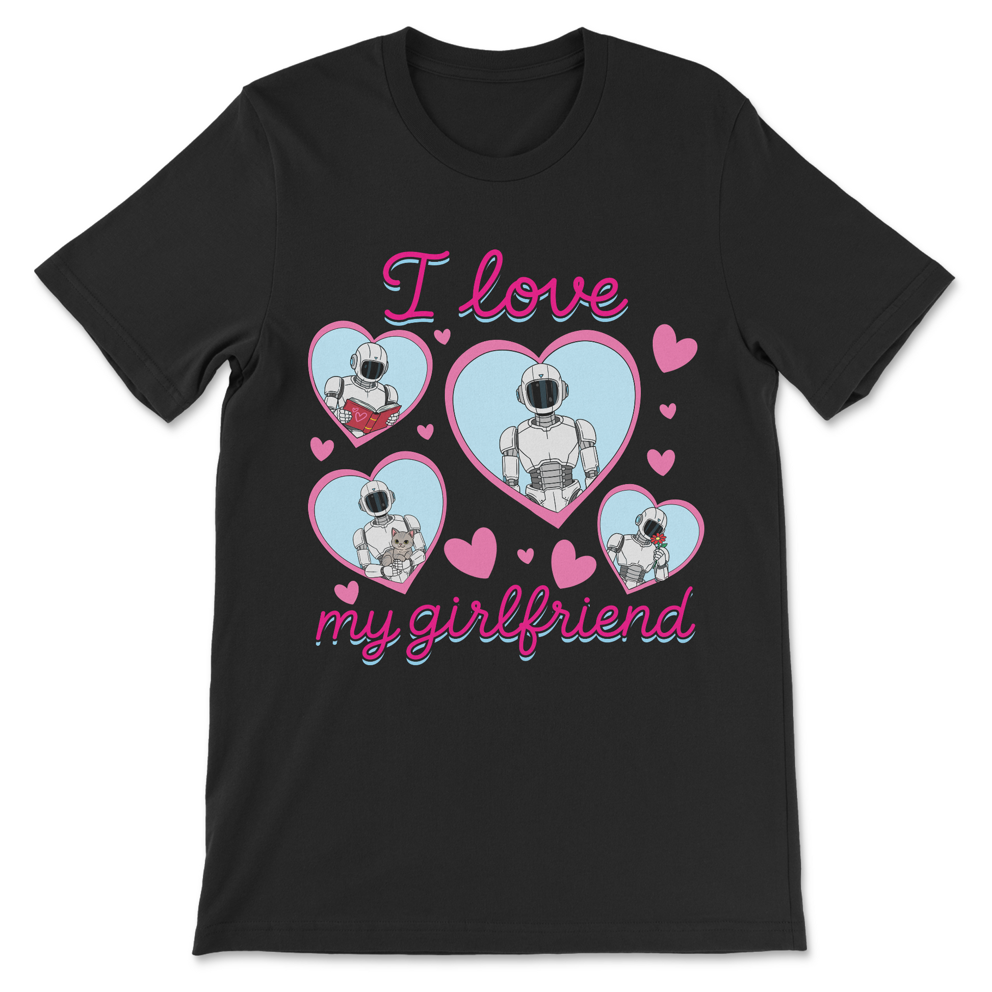 Humanoid robot girlfriend t-shirt featuring kawaii-style hearts and cute sci-fi inspired artwork.