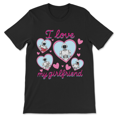 Humanoid robot girlfriend t-shirt featuring kawaii-style hearts and cute sci-fi inspired artwork.