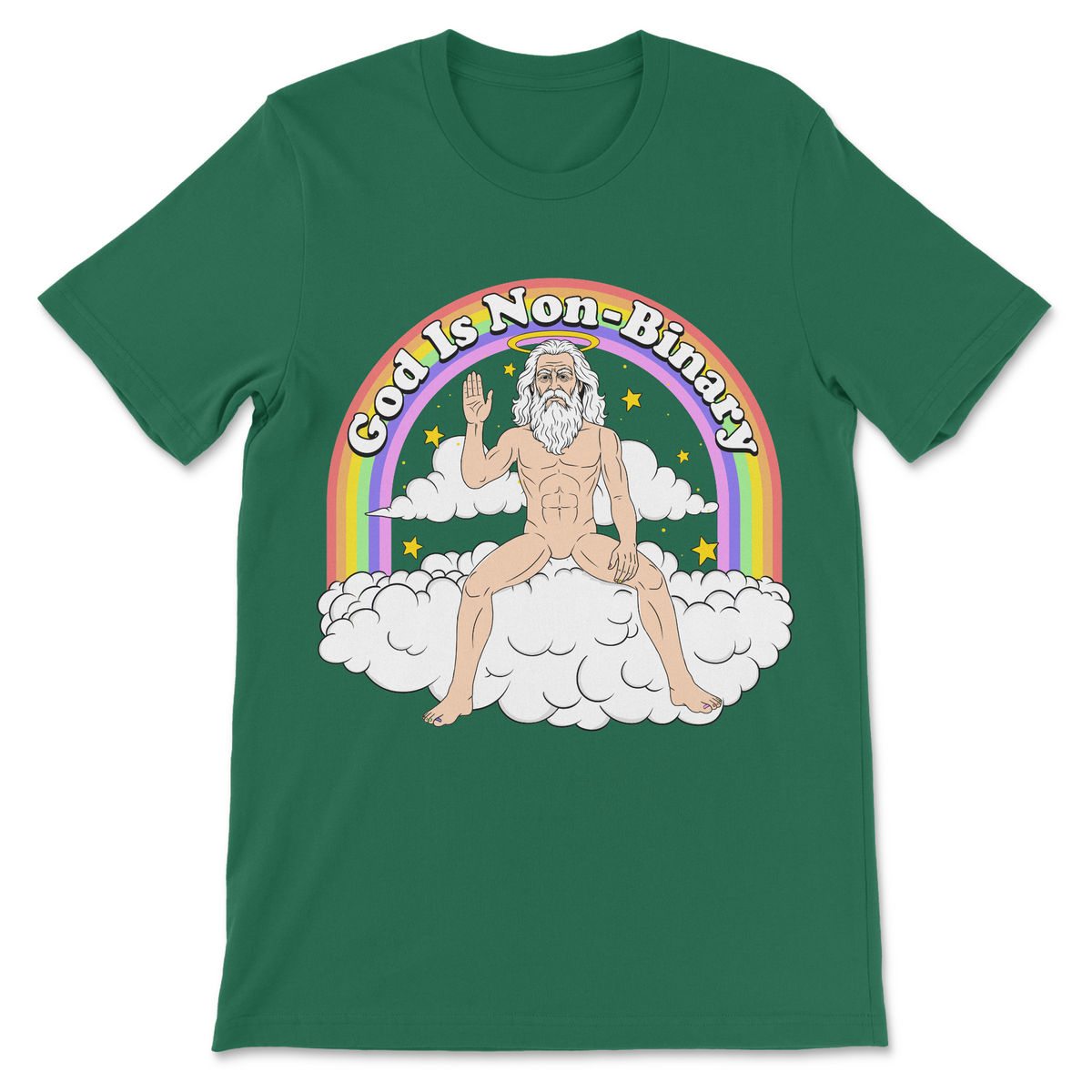 God Is Non-Binary graphic shirt featuring rainbow, clouds and bearded God illustration with funny queer religious humor
