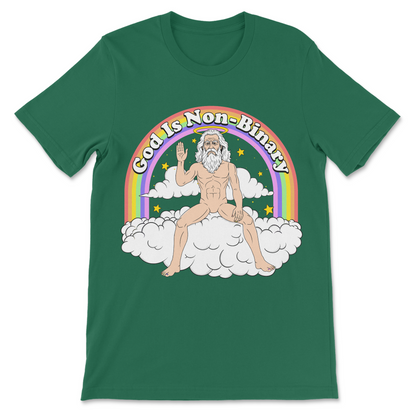 God Is Non-Binary graphic shirt featuring rainbow, clouds and bearded God illustration with funny queer religious humor
