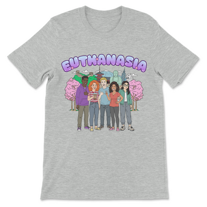 Funny dark humor shirt with a Youth In Asia visual pun based on the word euthanasia.
