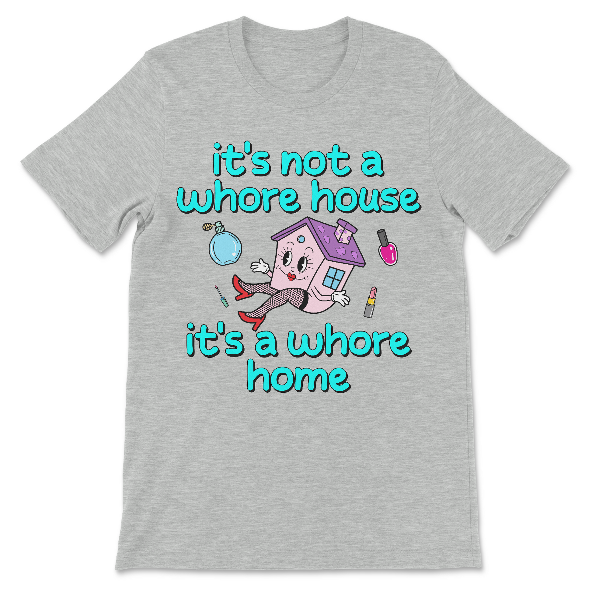 athletic heather shirt with sexual joke about a whore house