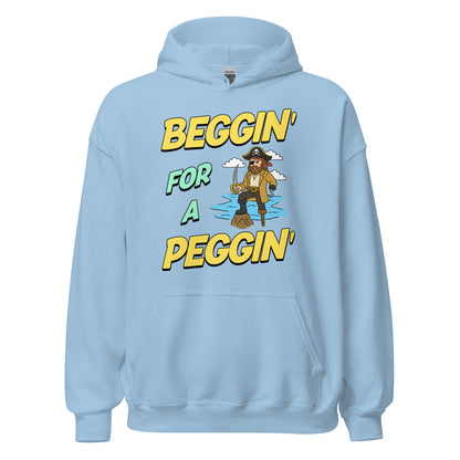 Hoodie with the phrase Beggin’ for a Peggin’ and a peg-legged pirate, offensive meme hoodie with sexual humor and unhinged NSFW design.