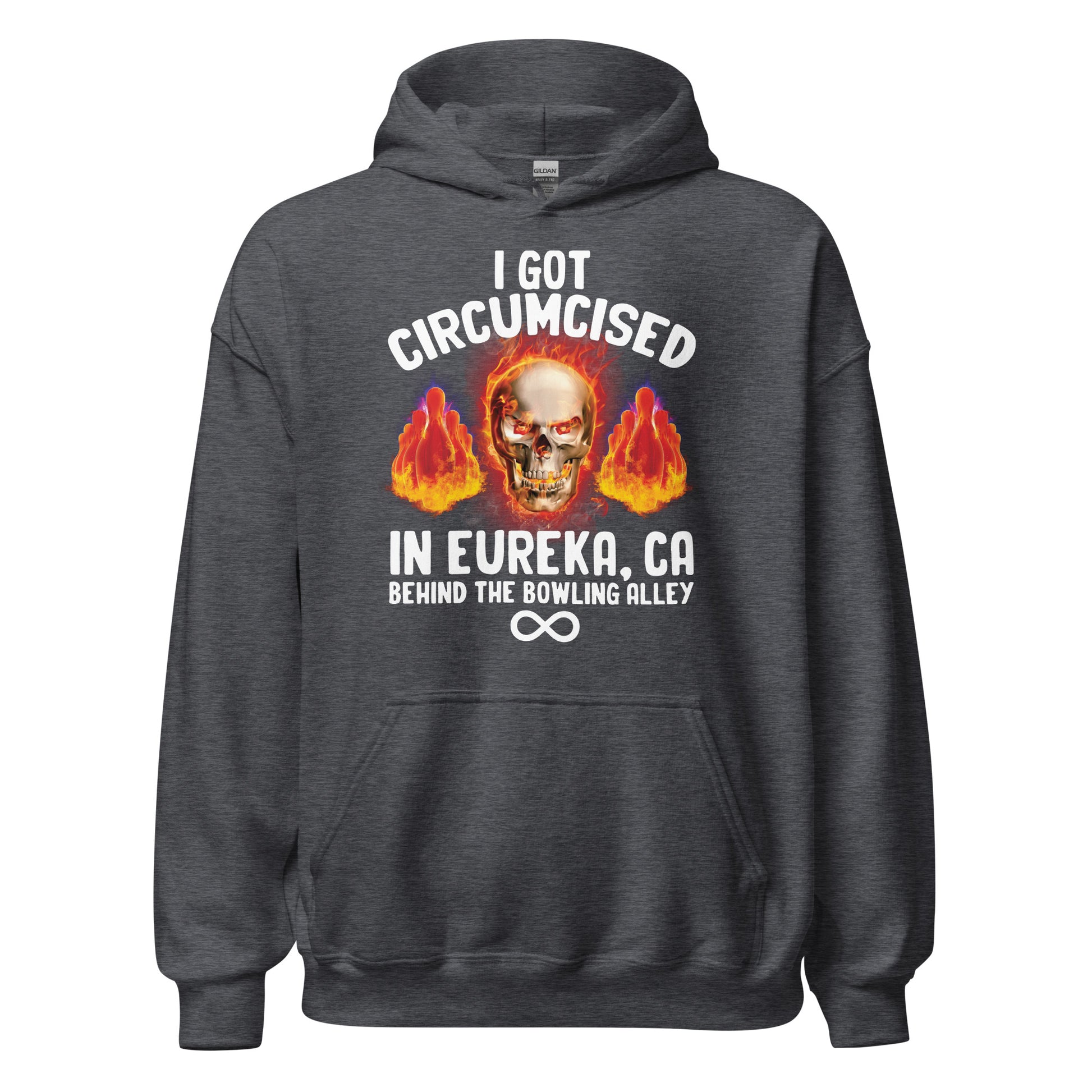 Dark humor hoodie with an inappropriate message about getting circumcised behind a bowling alley. Controversial sweatshirt for people who wear offensive apparel.