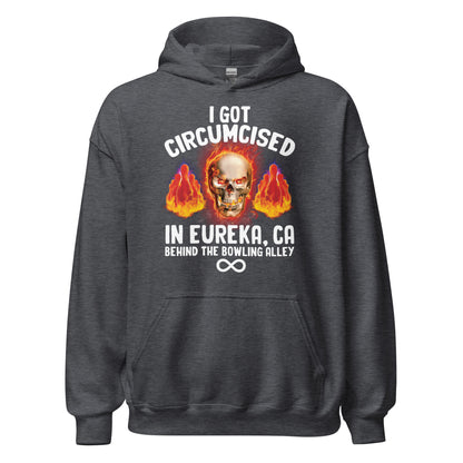 Dark humor hoodie with an inappropriate message about getting circumcised behind a bowling alley. Controversial sweatshirt for people who wear offensive apparel.