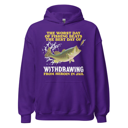 This offensive hoodie is perfect for people who love fishing and dark, twisted humor. Features the text “Worst Day of Fishing Beats the Best Day of Withdrawing from Heroin in Jail” in bold meme style. Great for recovery gifts, inappropriate fashion, and adults who laugh at the worst jokes.

