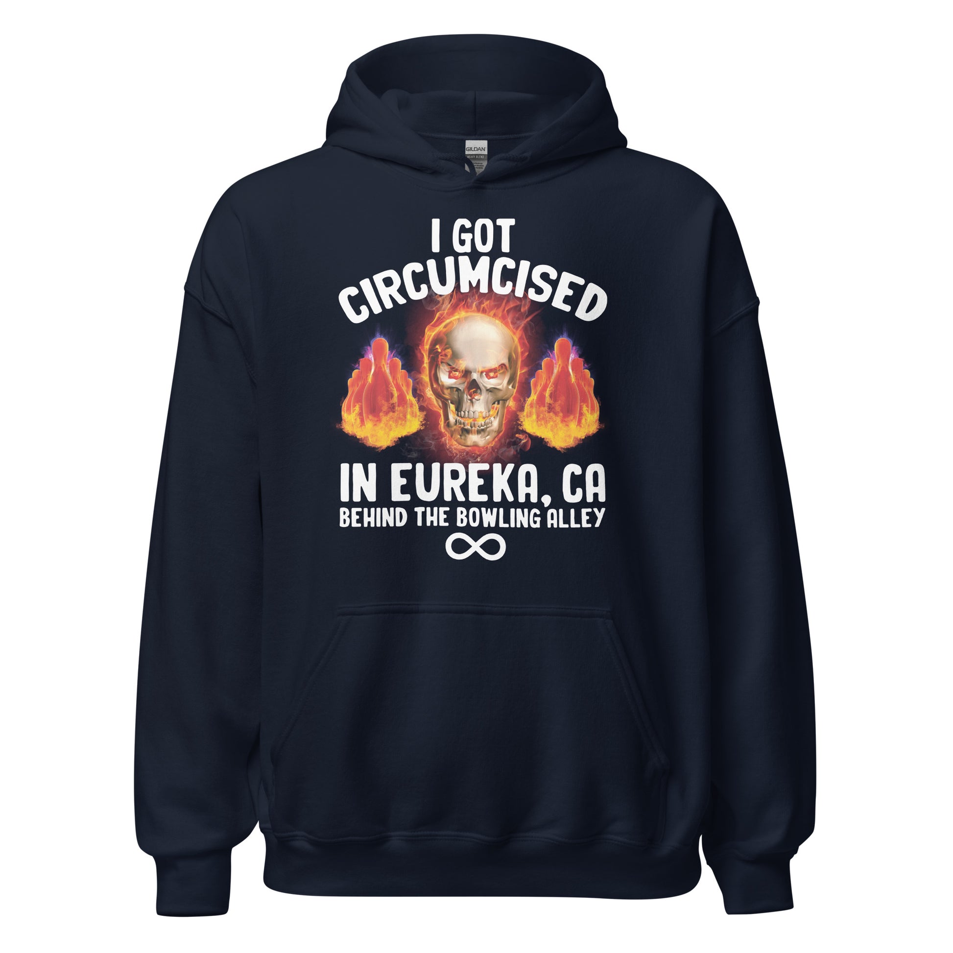 Funny adult hoodie with vulgar slogan referencing circumcision and a specific location in Eureka, California. Ideal for fans of weird meme clothing and unhinged humor.
