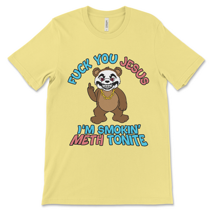 Dark humor Jesus t-shirt with vulgar drug slogan and rude design
