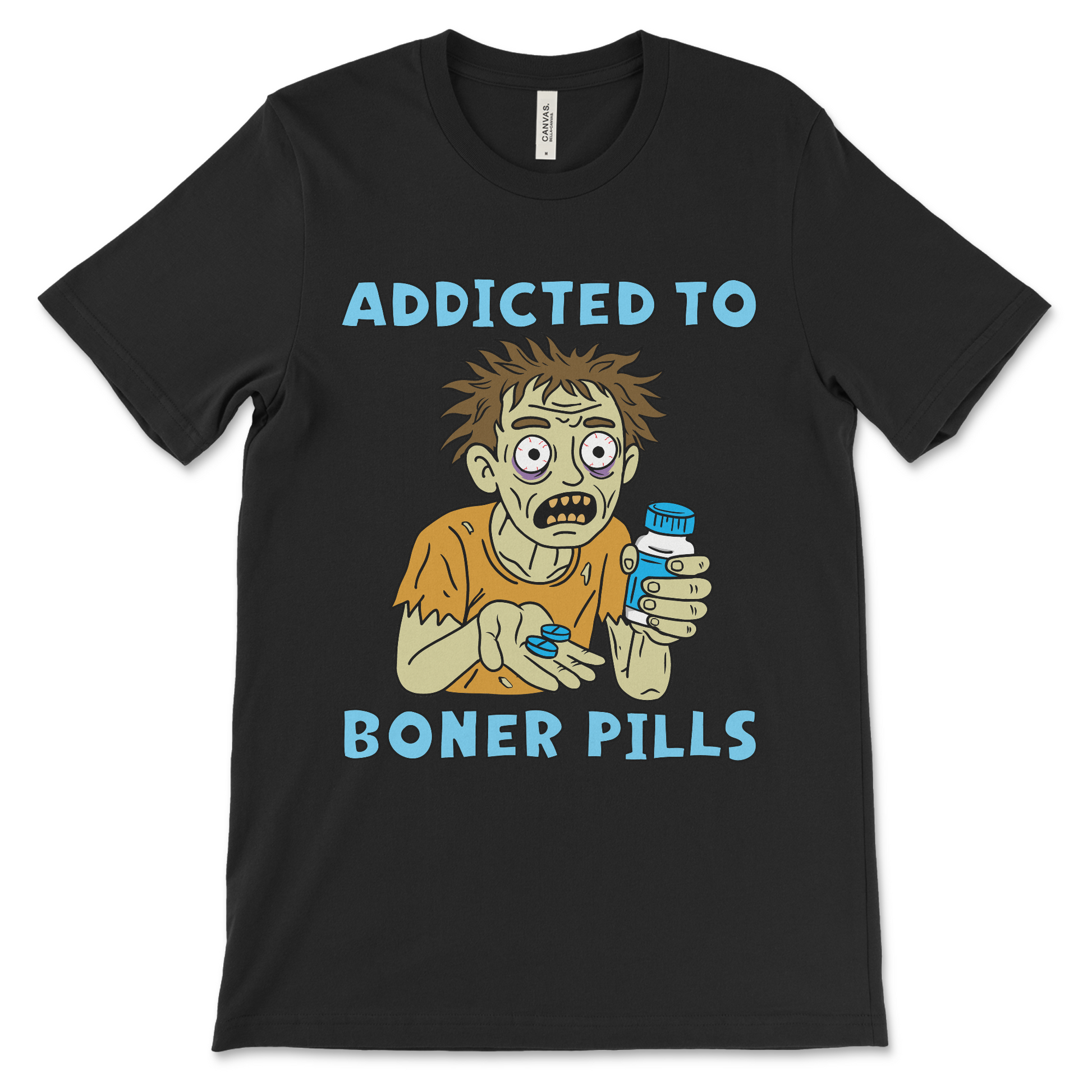 Offensive graphic T-shirt that says “Addicted to Boner Pills,” meme shirt with rude humor, dark edgy streetwear